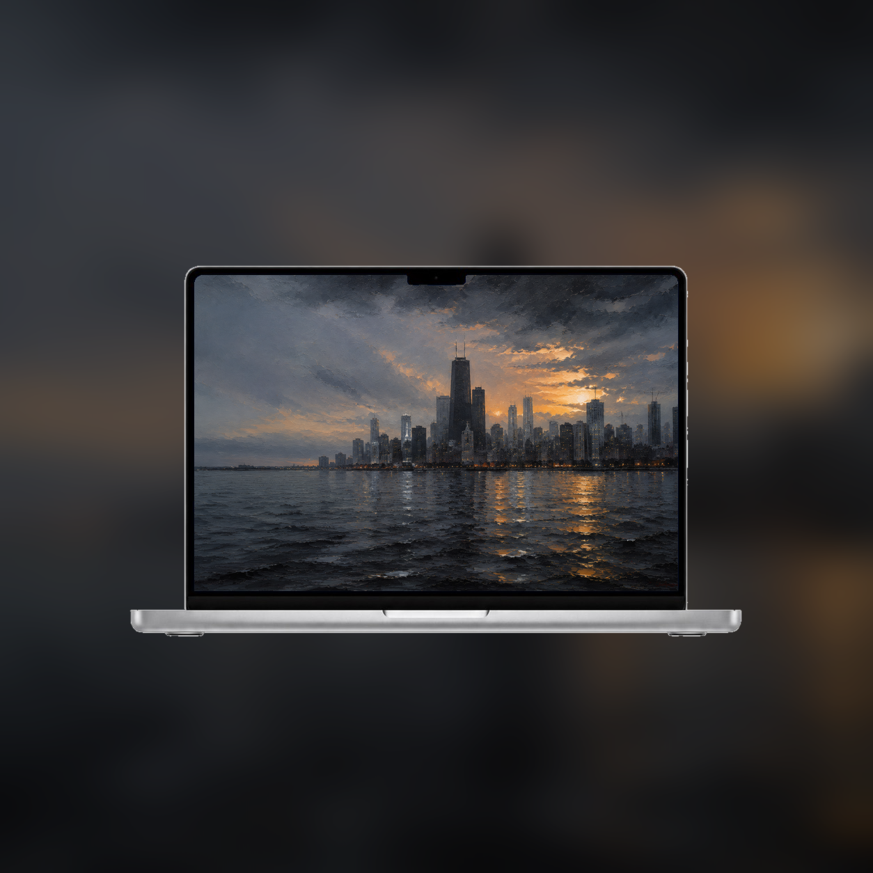 Skylines wallpaper displayed on a MacBook